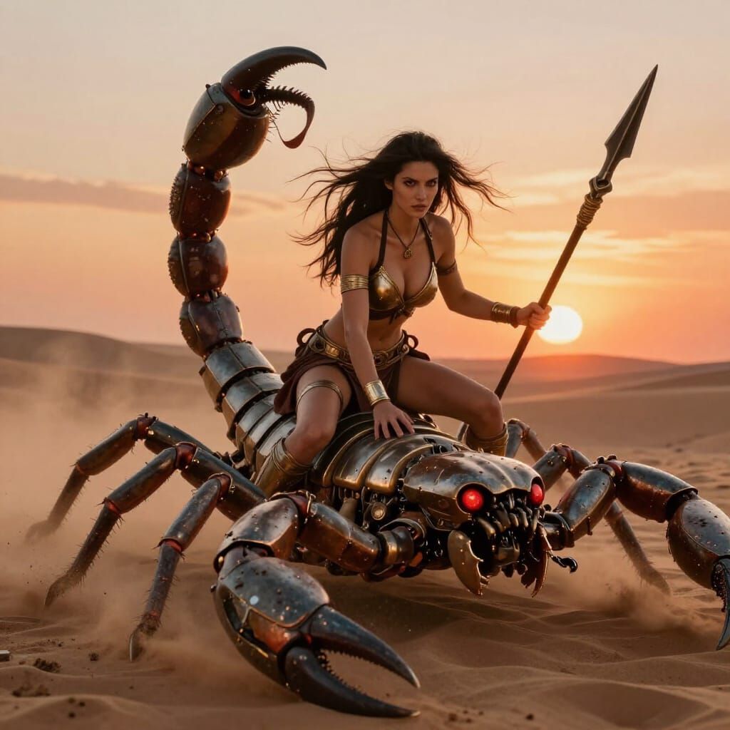 Warrior Woman Rides Biomechanical Scorpion at Sunset