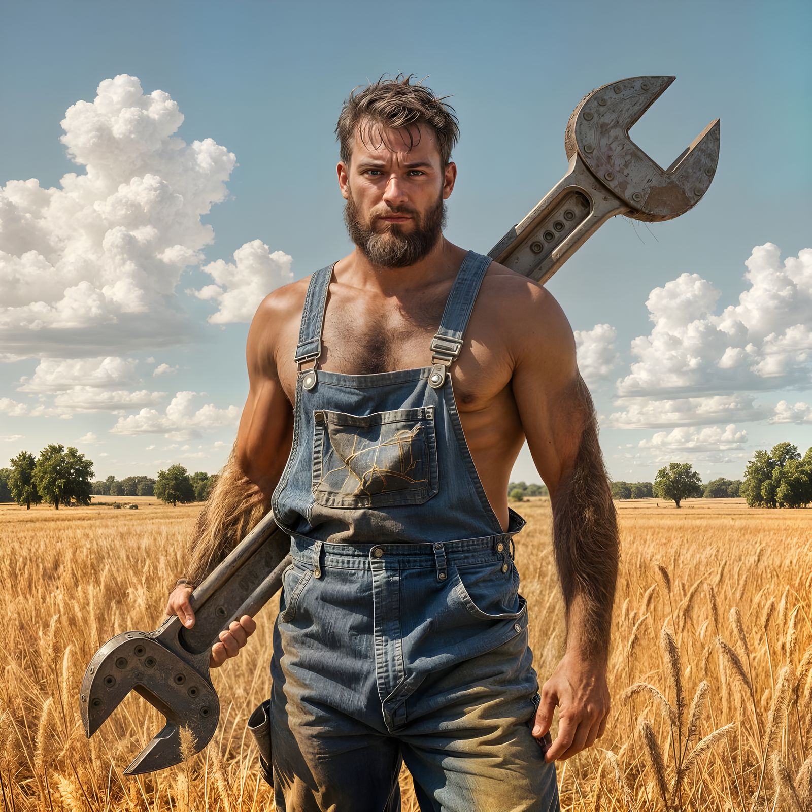 Rugged Farmer With Wrench in Sun-Baked Field