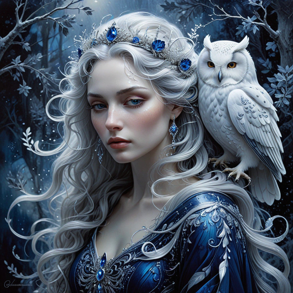 Winter Queen Elegantly Embracing a Majestic Owl in a Frosty,...
