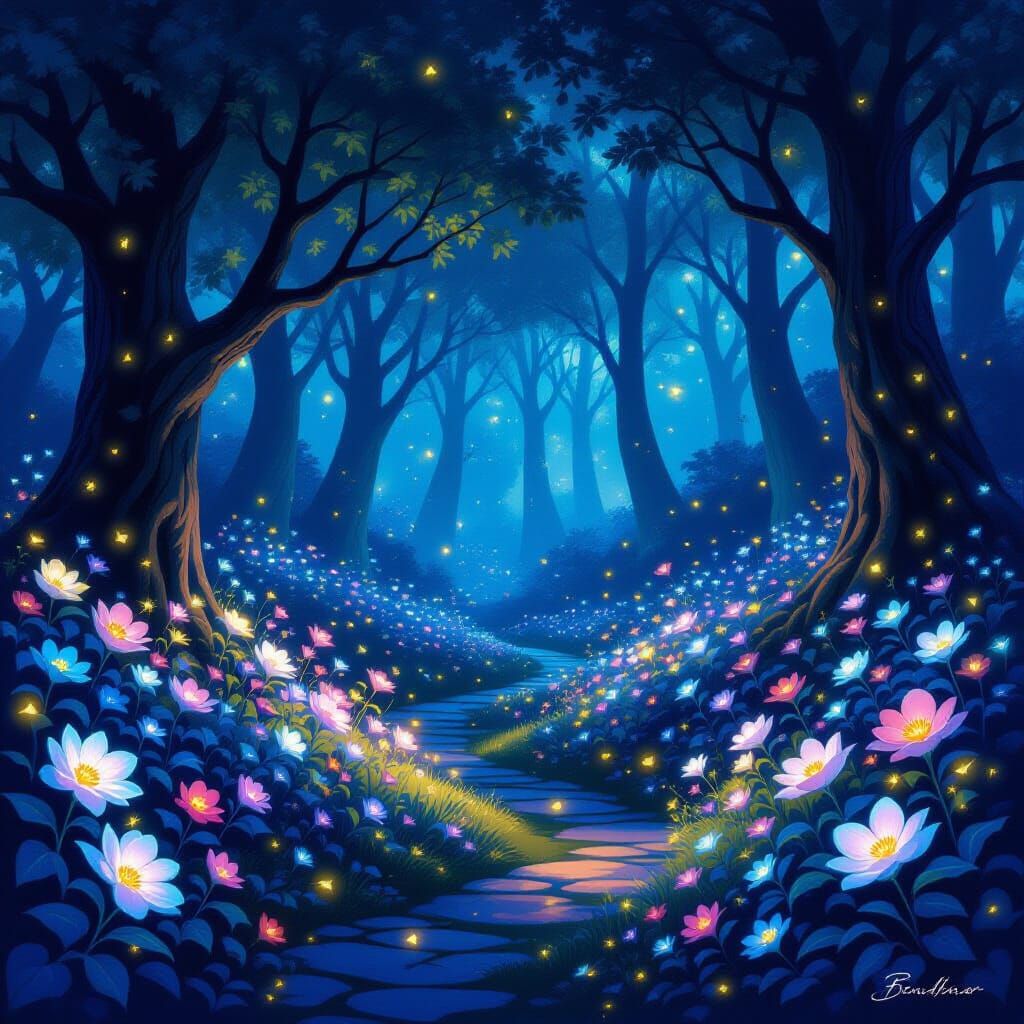 Mystical Glowing Garden at Night | Fantasy Art
