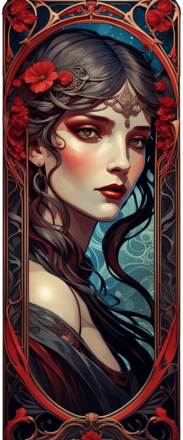 Ethereal Art Nouveau Goddess in Dark Fantasy Realm