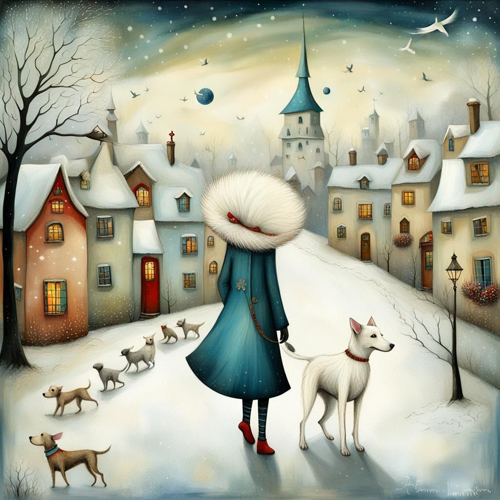 Whimsical Winter Village Scene with a White Dog