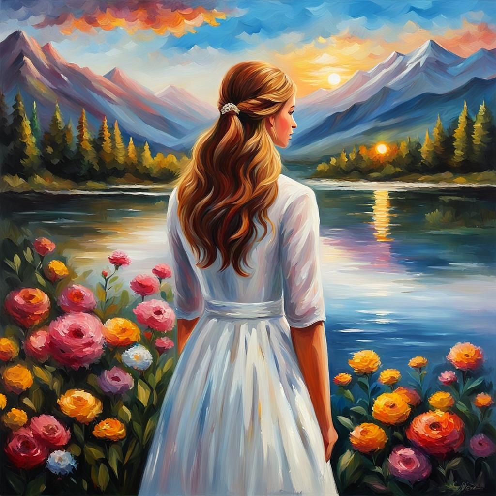 Elegant American Beauty in Sunrise Serenity Oil Painting