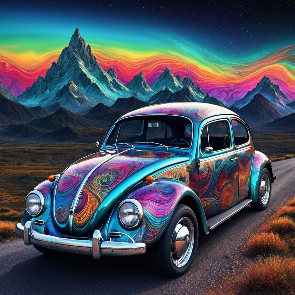 Psychedelic Road Trip in a Vibrant Dreamlike Landscape