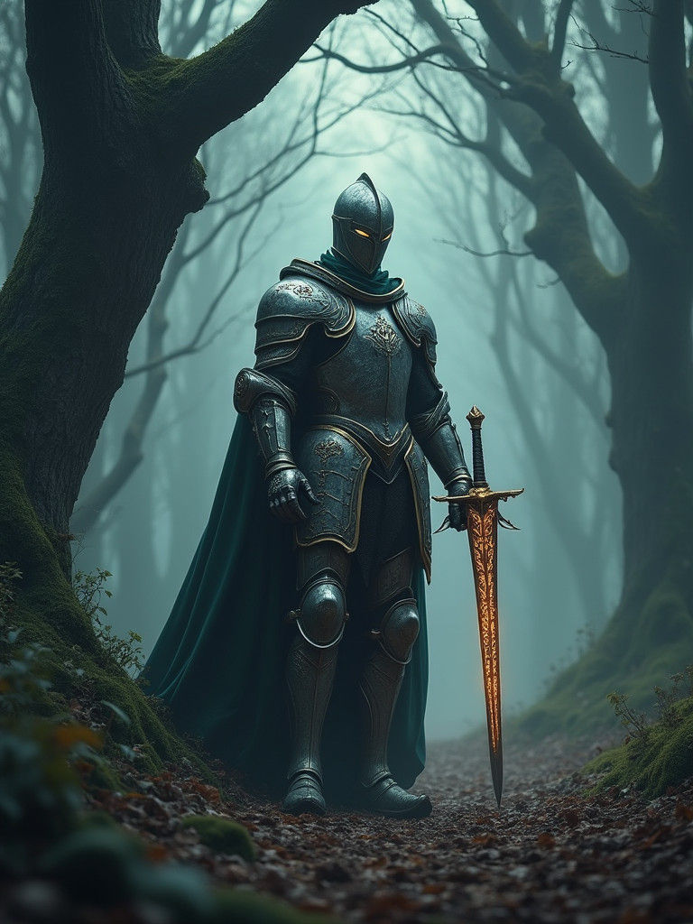 Ethereal Knight in Mystical Forest with Enchanted Sword