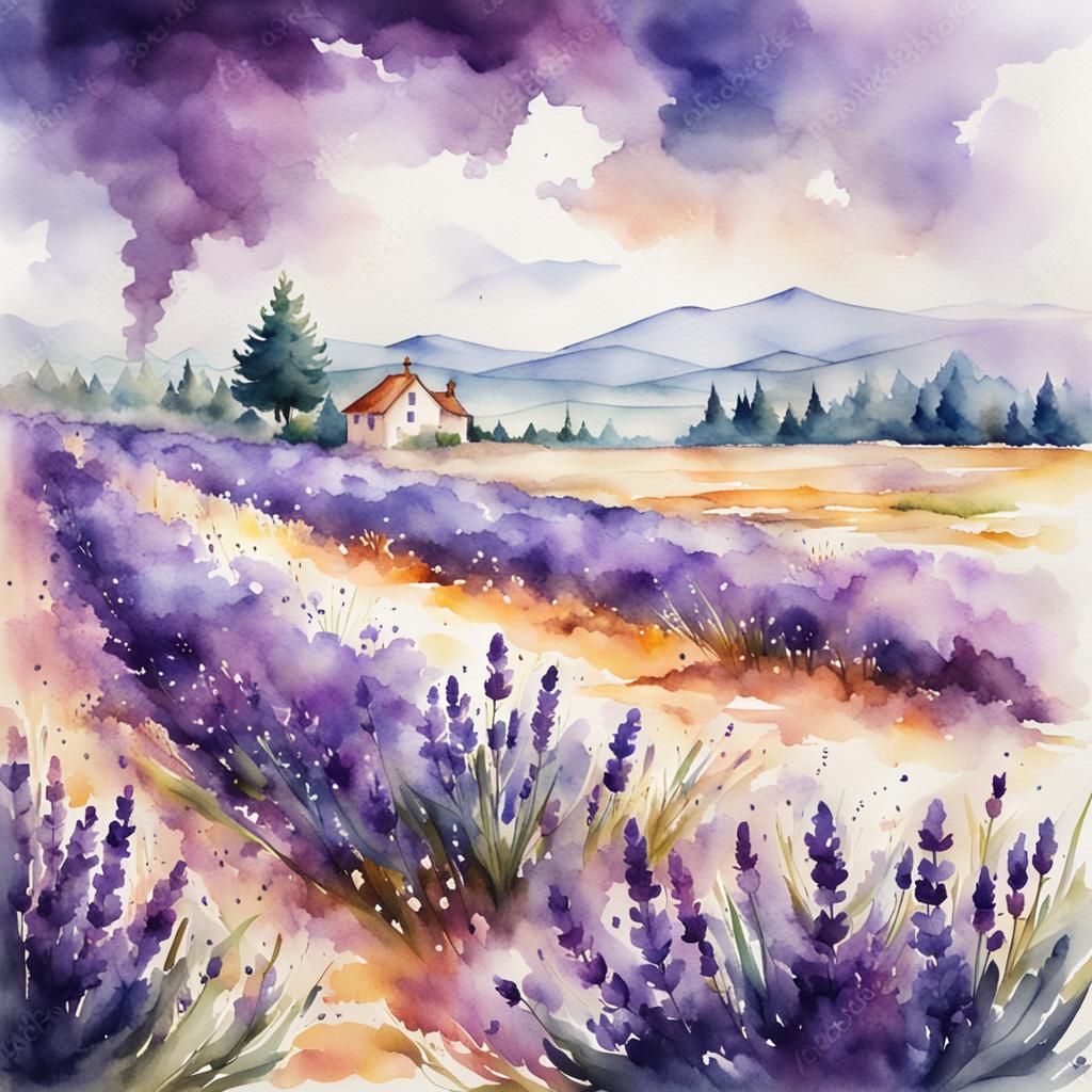 Dreamy Lavender Field in Mysterious Watercolor Art