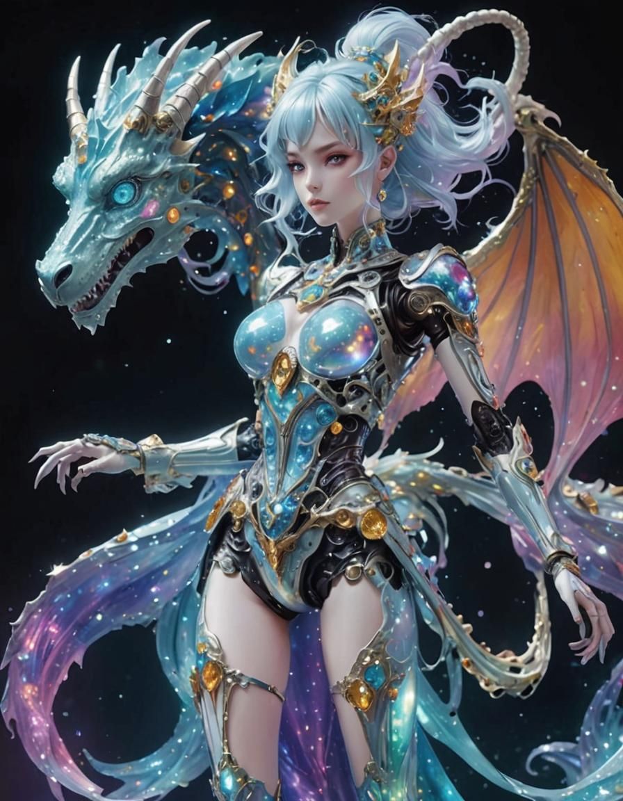Mechanical Dragon Goddess in Vibrant Cosmic Landscape