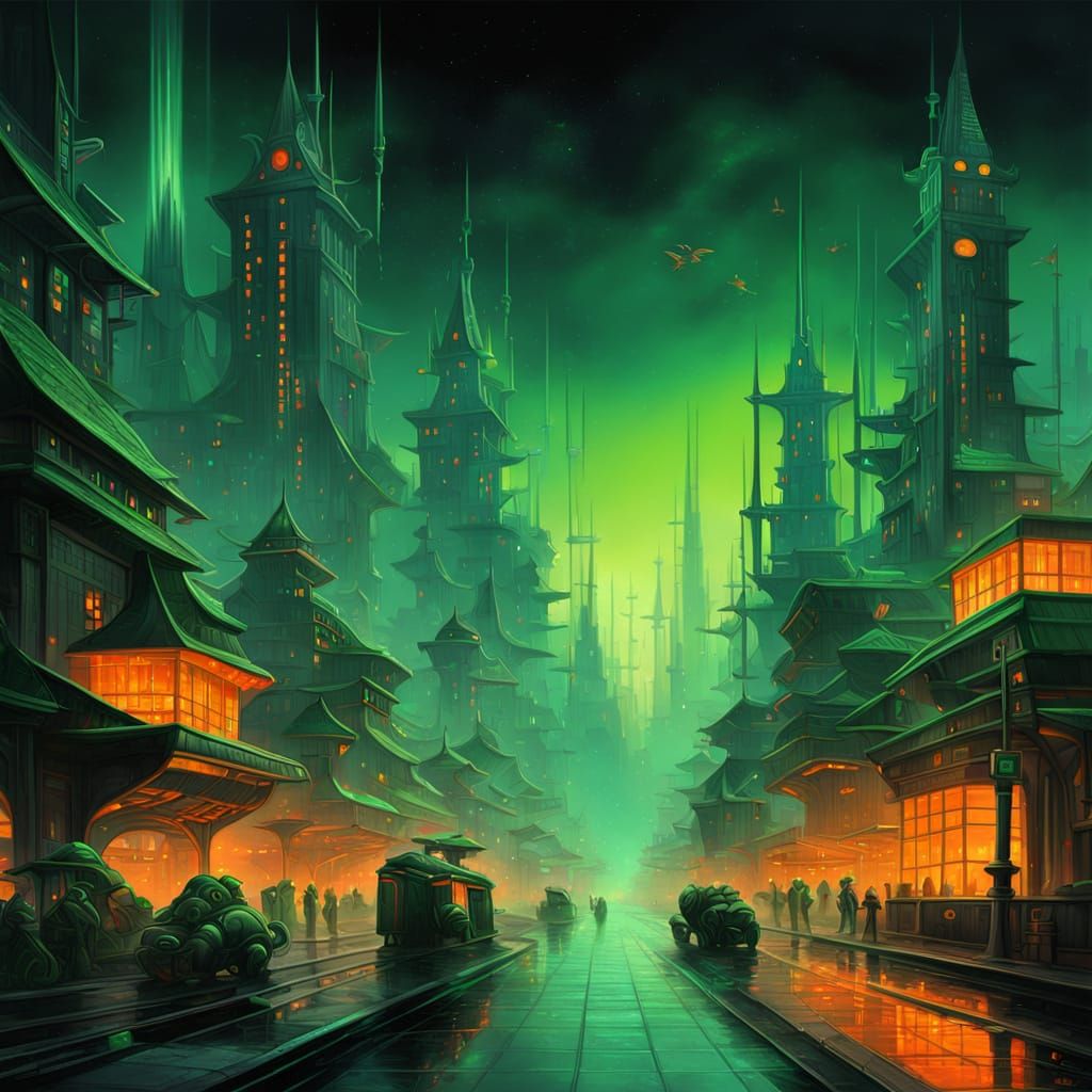 Neon Green and Orange Futuristic Cityscape