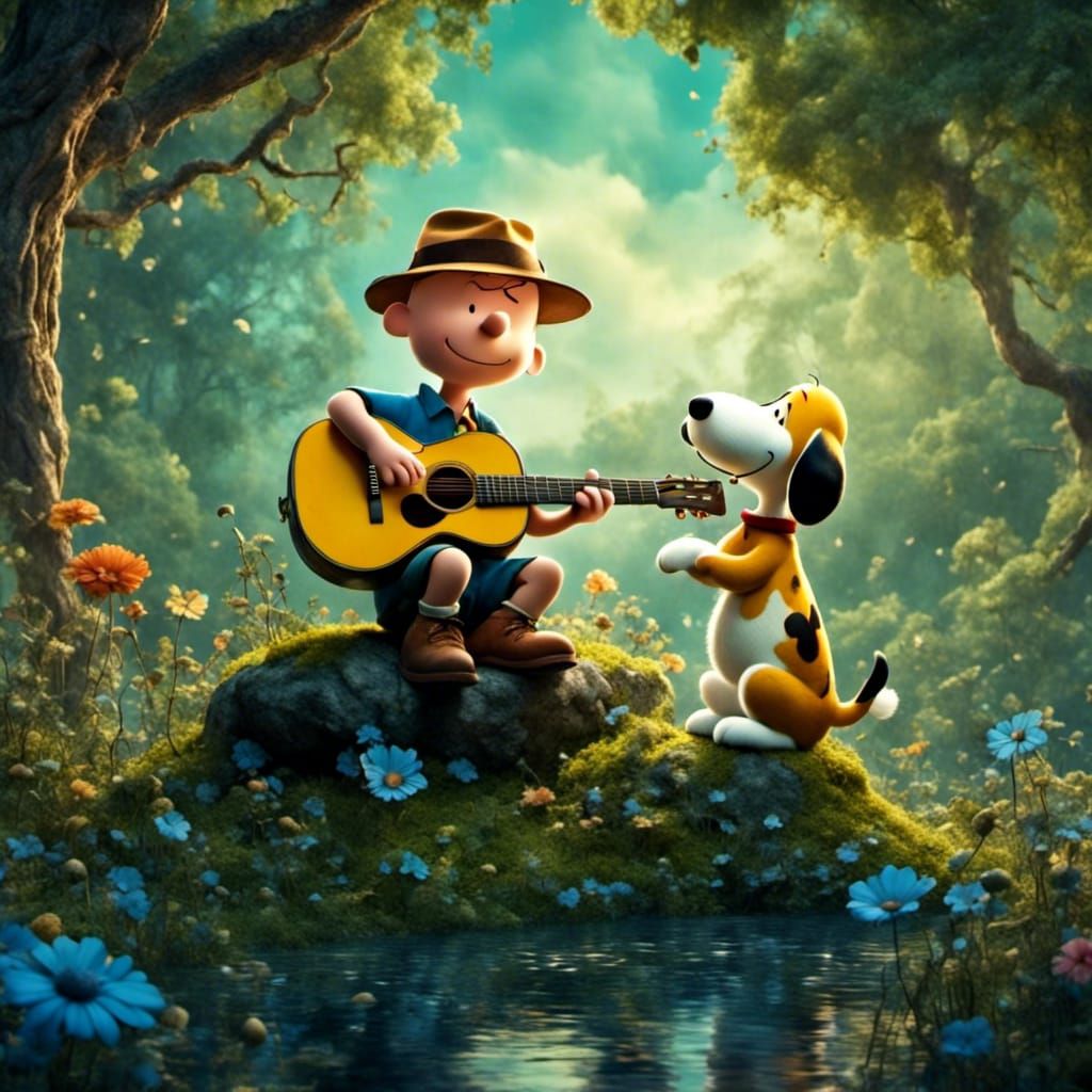 Charlie Brown in a Blue Grass Band with Snoopy