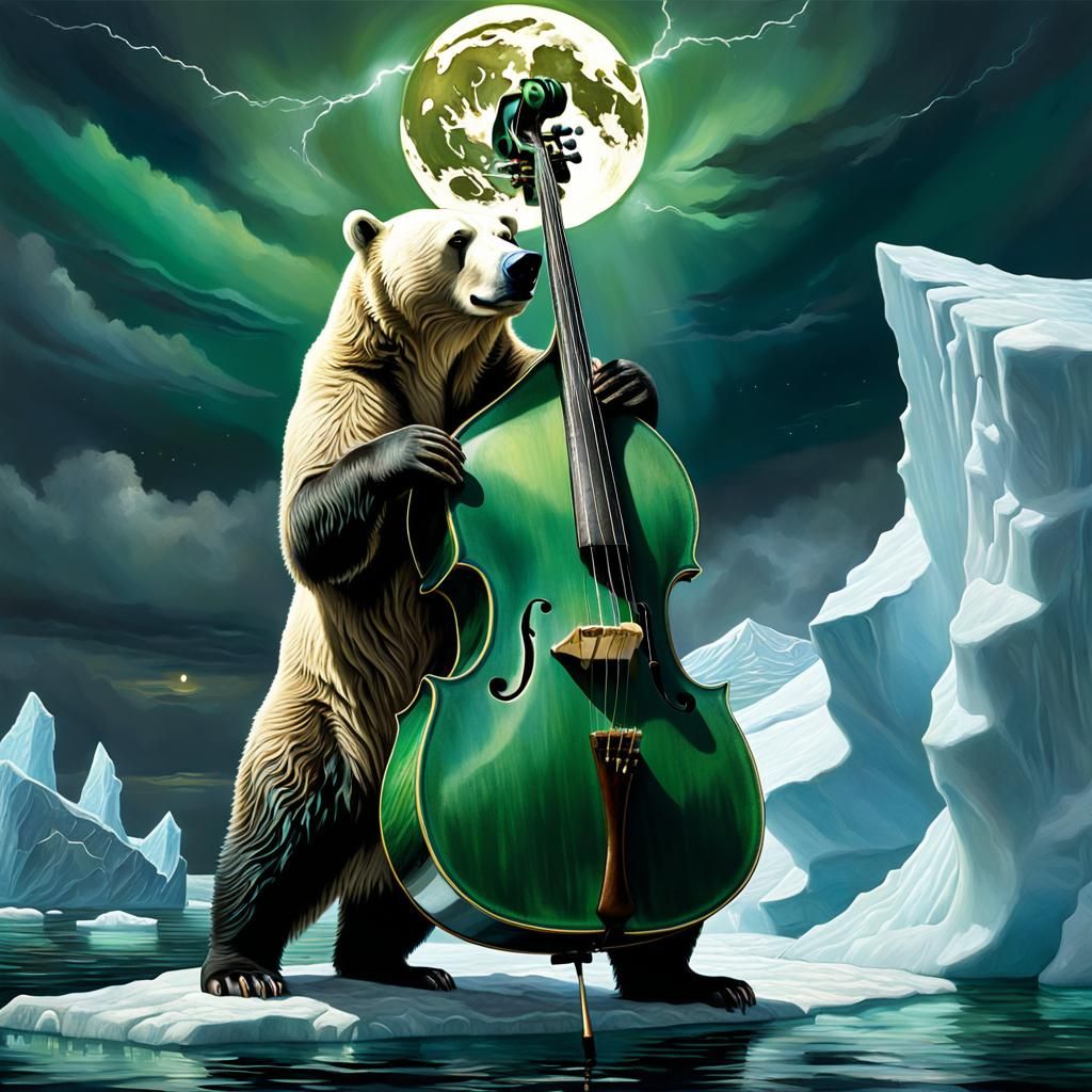 Bear in Majestic Splendor Plays Upright Bass Under Eerie Moo...