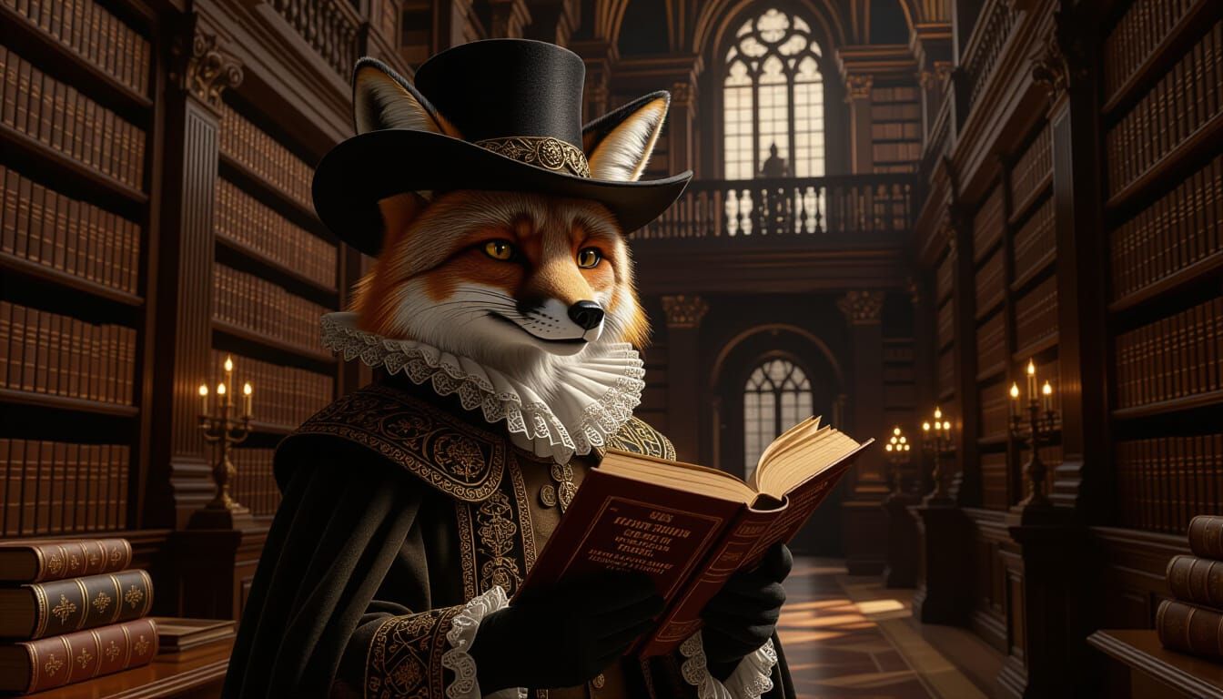 Fox Librarian with Book Hat in Vermeer Rembrandt Style