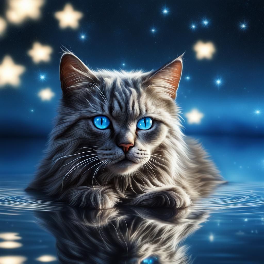 Celestial Cat by Moonlit Lake in Hyperrealistic Style