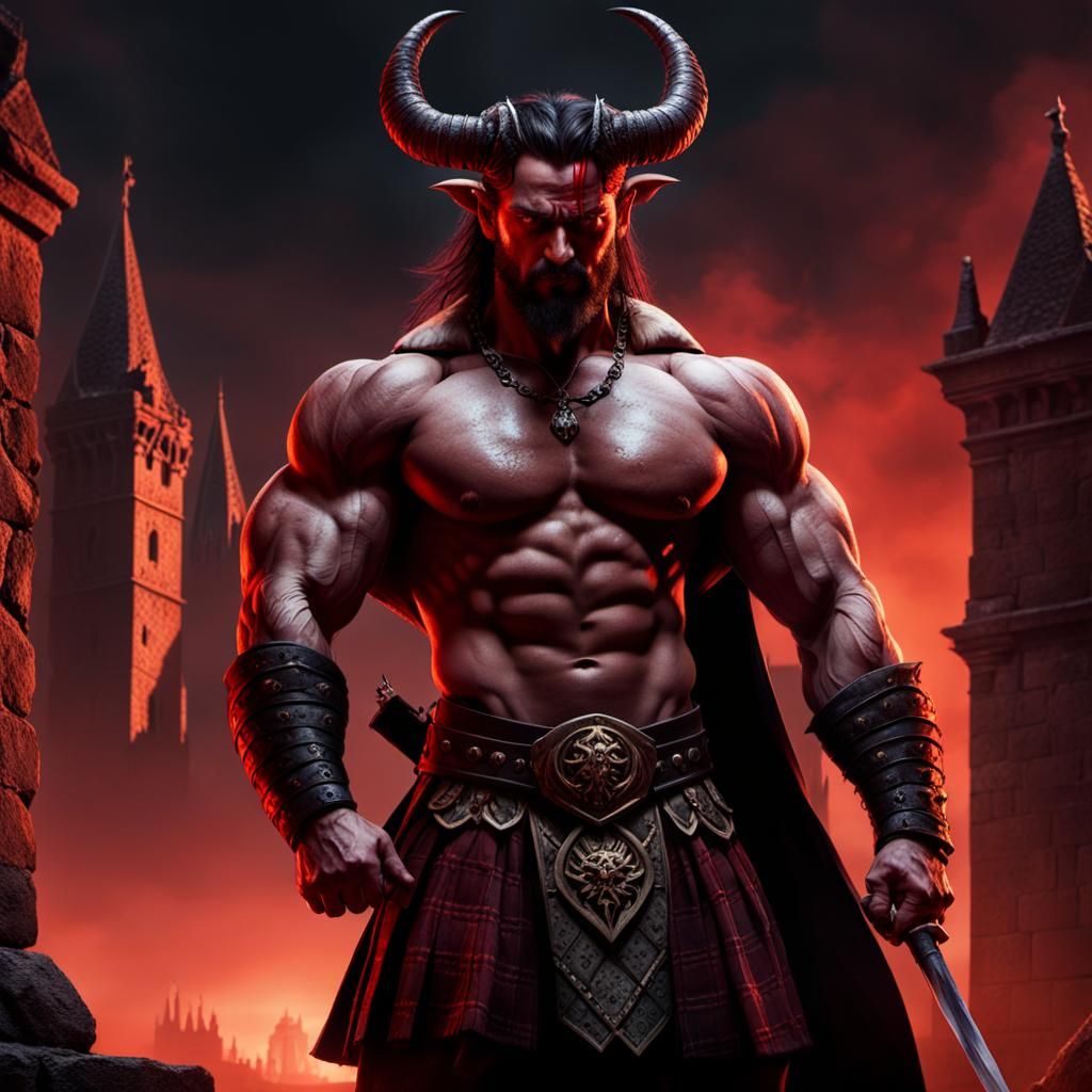 Dark Fantasy Warrior in Gothic Kilt, Inspired by Frazetta an...