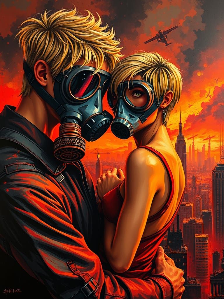 Romantic Scene in a Post-Apocalyptic Cityscape Oil Painting