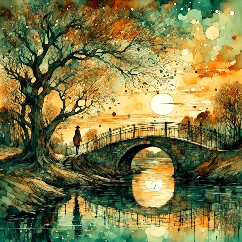 Vibrant Sunset River Scene in Whimsical Style