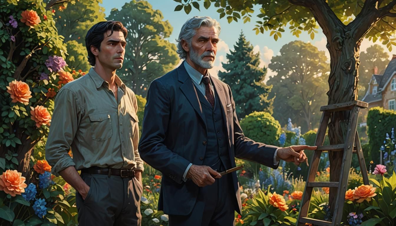 Elderly Mentor Confronts Ambitious Youth in Vibrant Garden S...