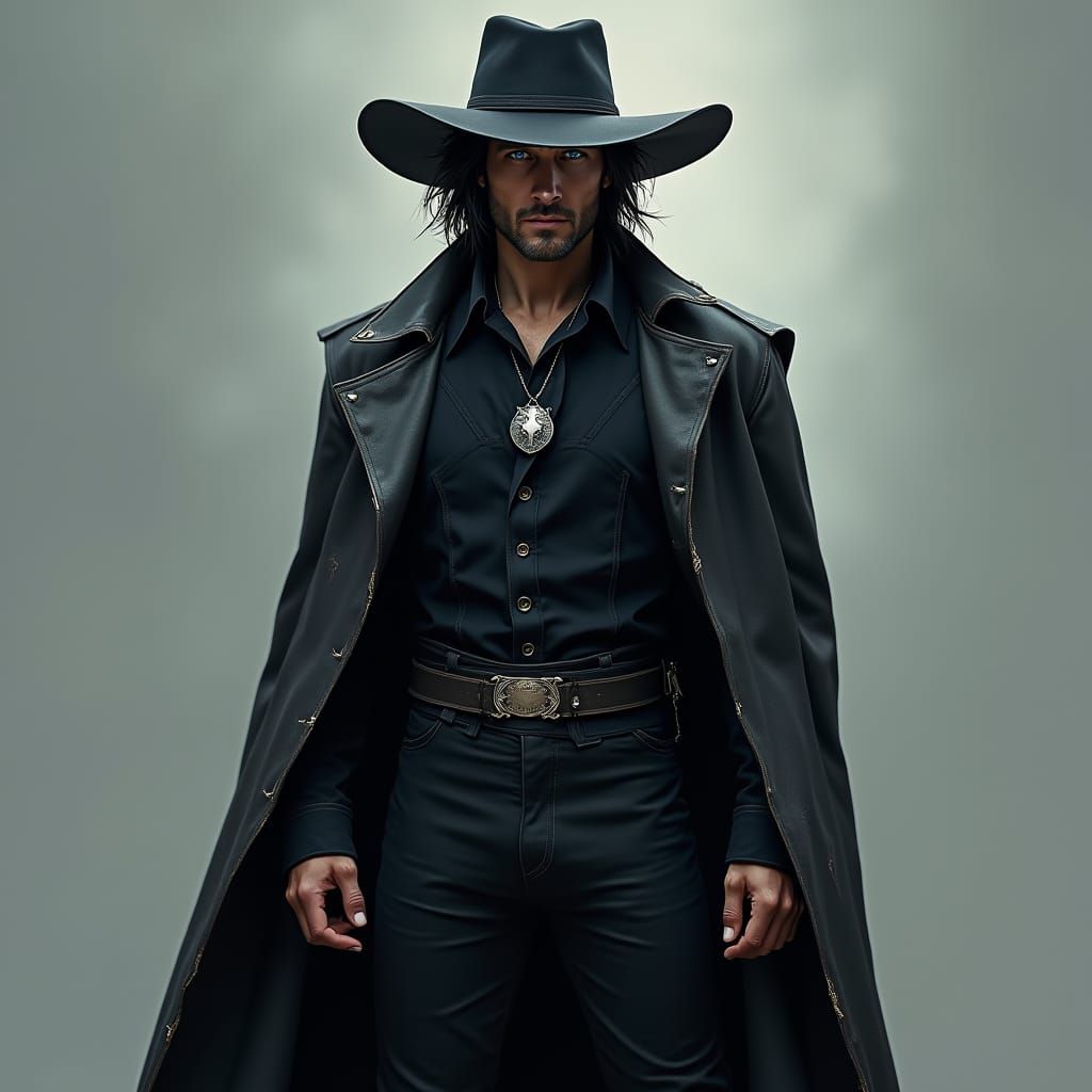 Brooding Hunter in Dark Coat, Piercing Blue Eyes, and Shadow...