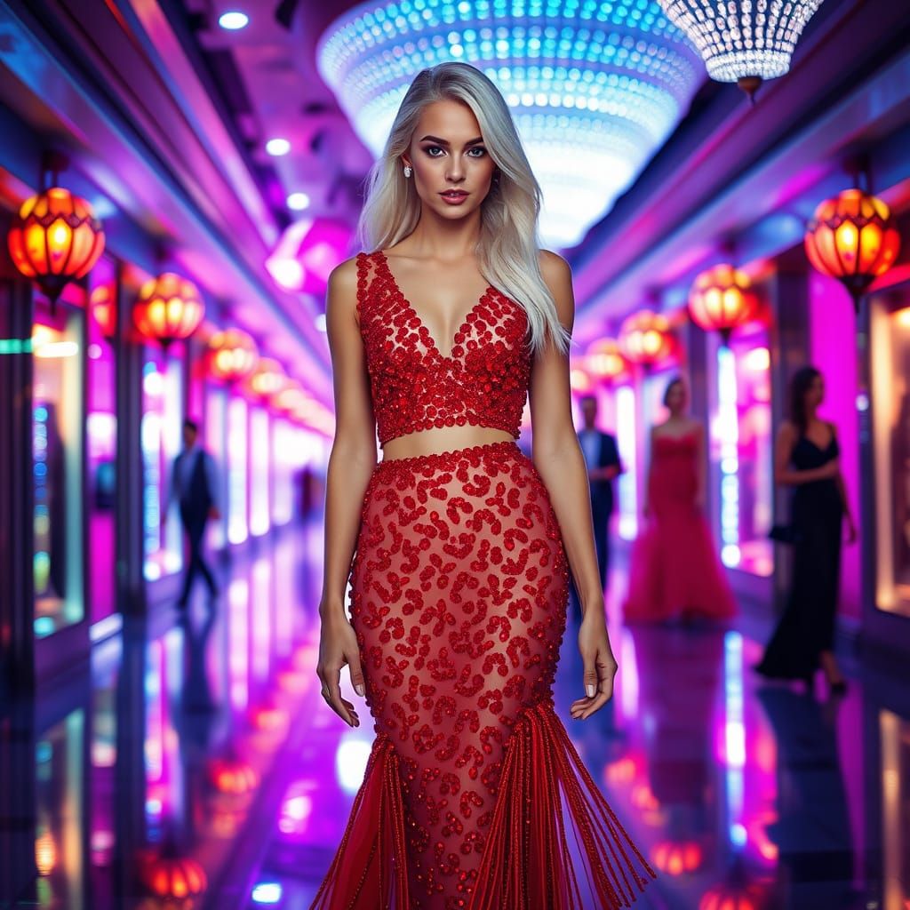 Elegant Woman in a Glamorous Neon Light Setting