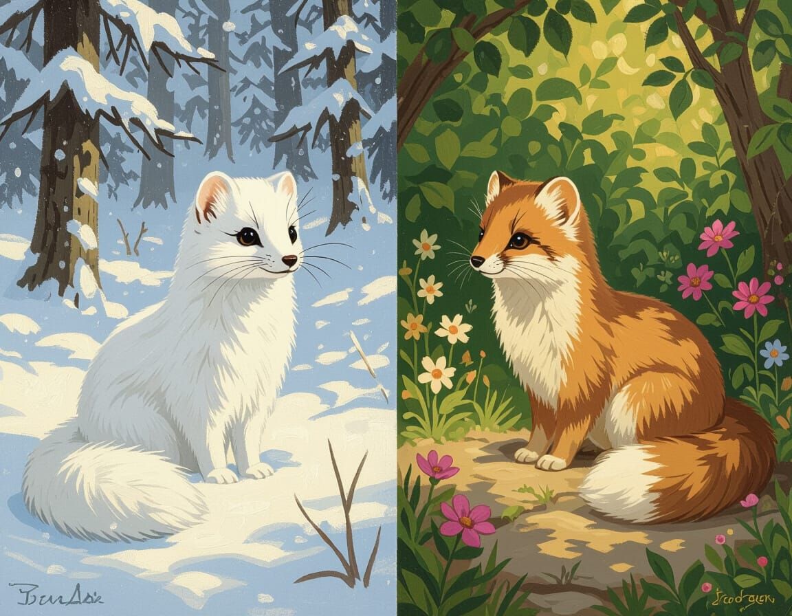 Ermine: Split Screen of Summer and Winter, as Oil Painting