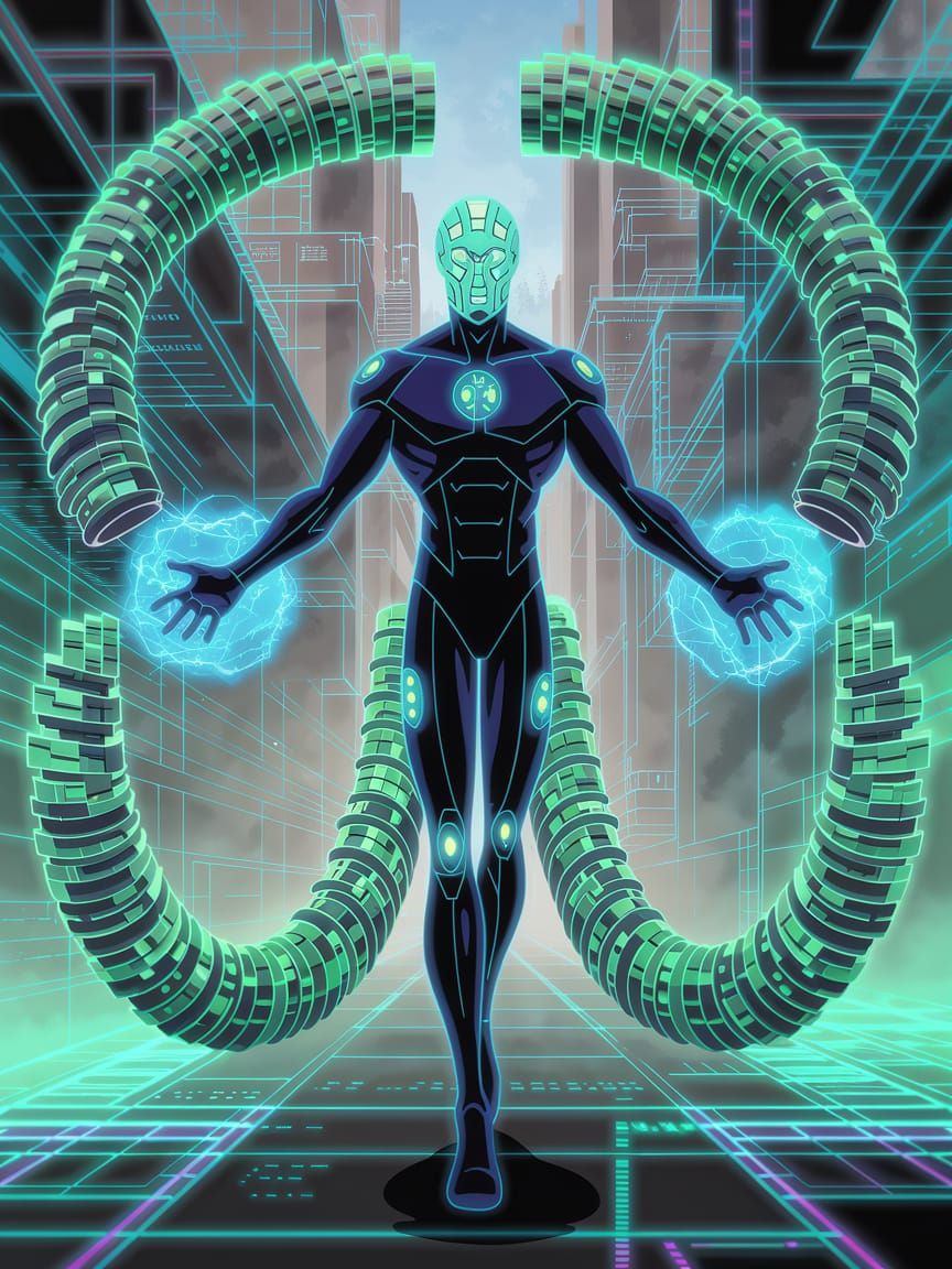 The Architect Hero with Cybernetic Suit in Futuristic City