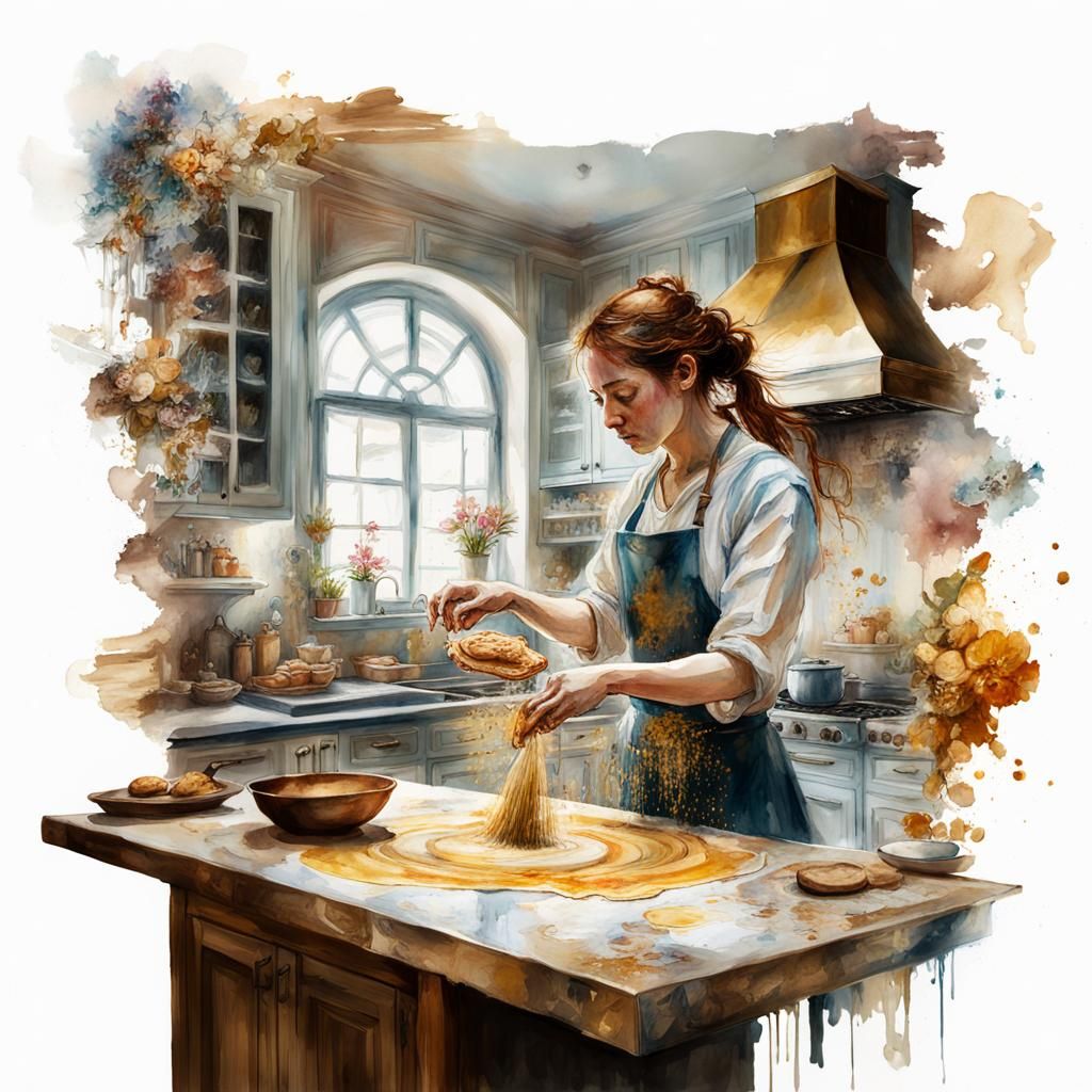 Girl in a Vibrant Digital Watercolor Kitchen Scene