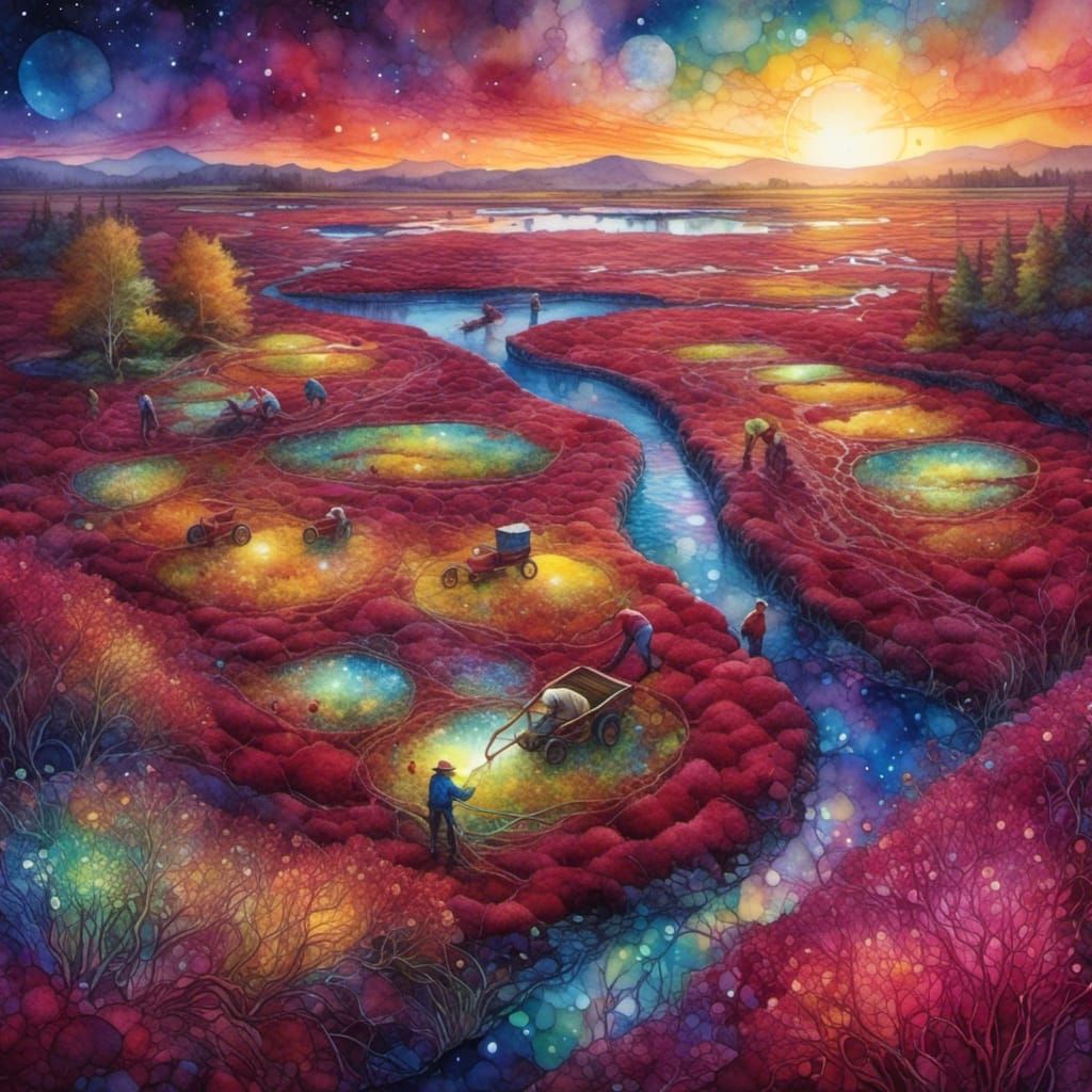 <lora:PR Alcohol WC Glass:1.0> landscape of People harvesting in a cranberry bog in autumn