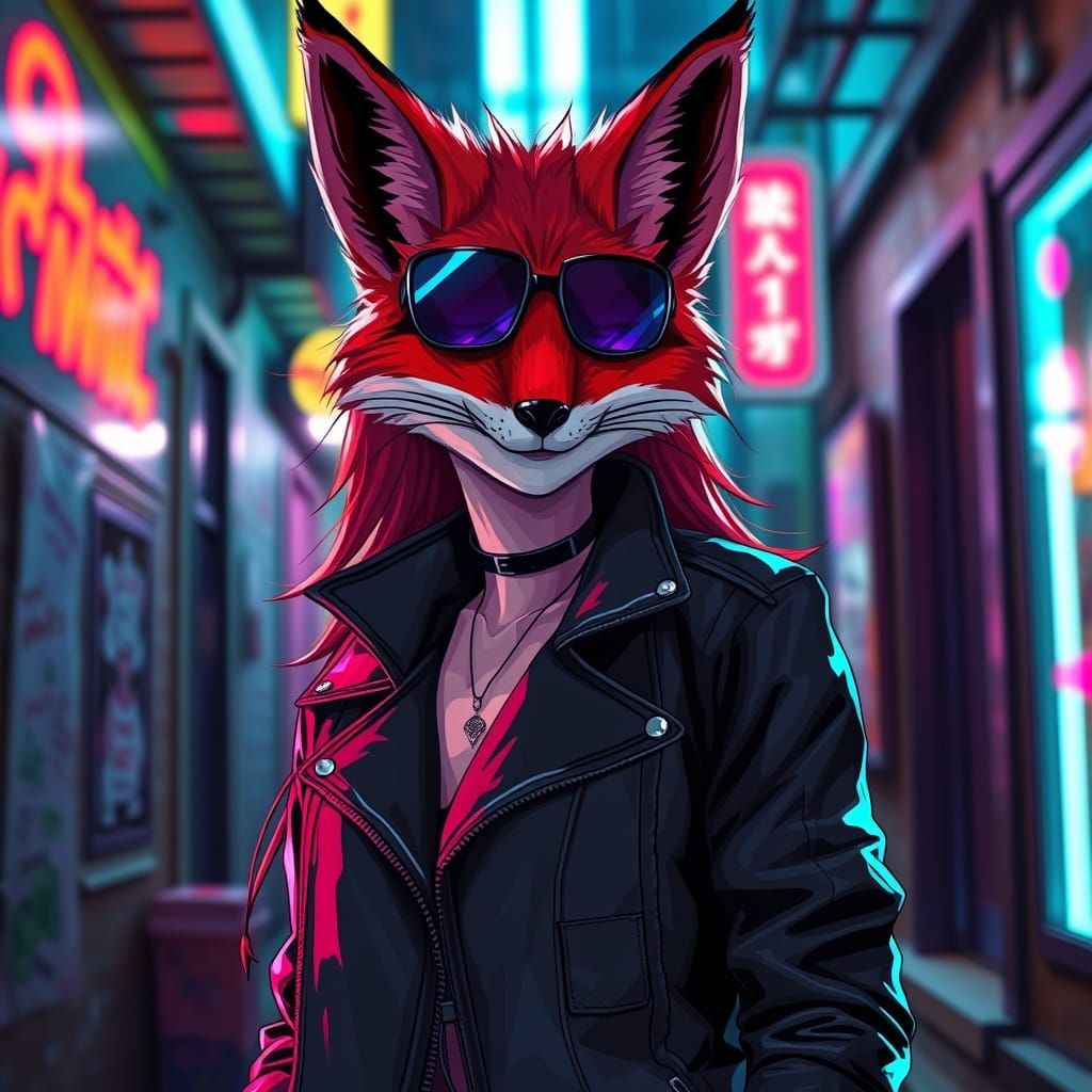 Cyberpunk Red Fox in Neon Alleyway