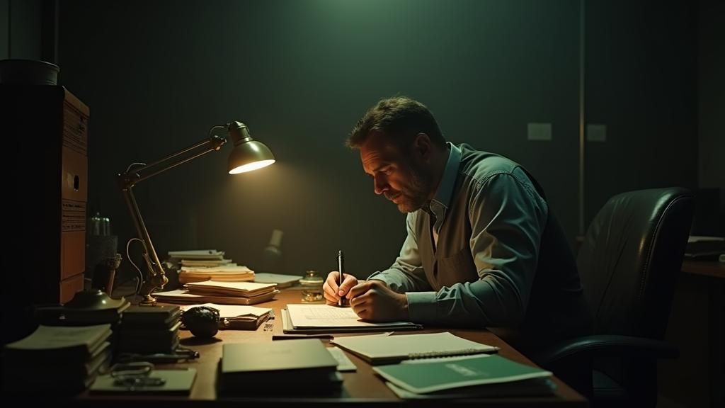 Man in a Dimly Lit Office, Lost in Administrative Work