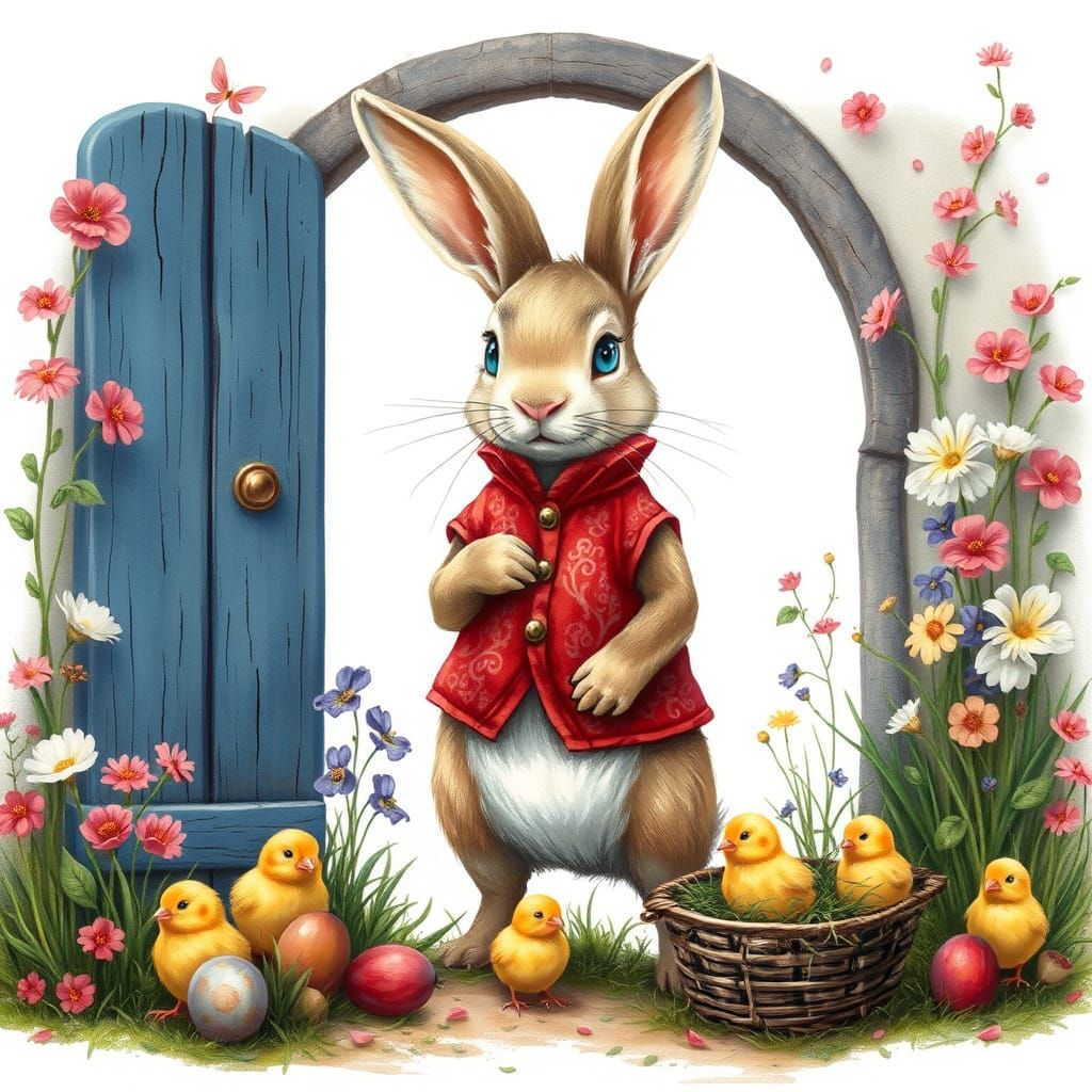 Elegant Rabbit Stands on a Vintage Doorstep in a Whimsical G...
