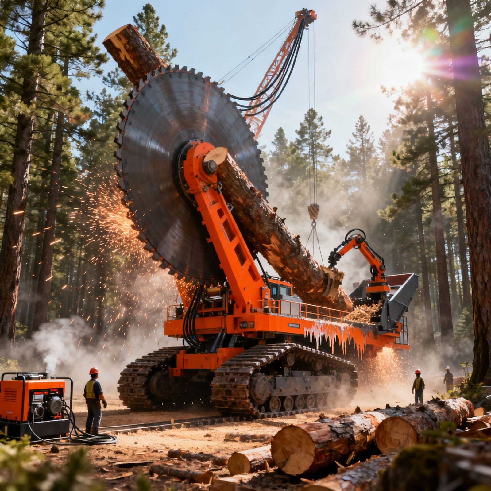 Giant Orange Saw Cuts Pine Forest with Sparks