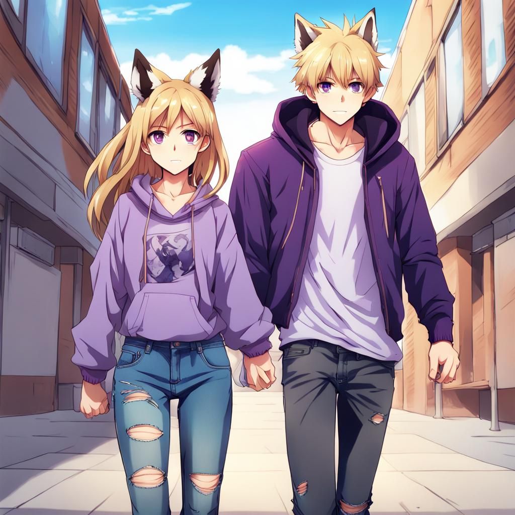 Girl with Wolf Ears Strolls Past Boy in Anime-Inspired Setti...