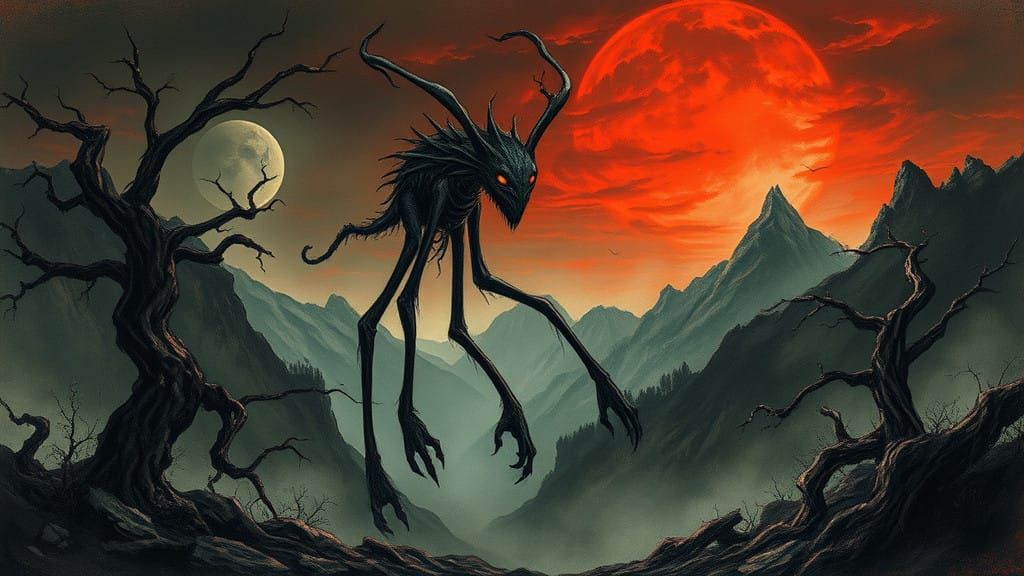 Surrealist Creature in a Gothic Landscape with Crimson Glow