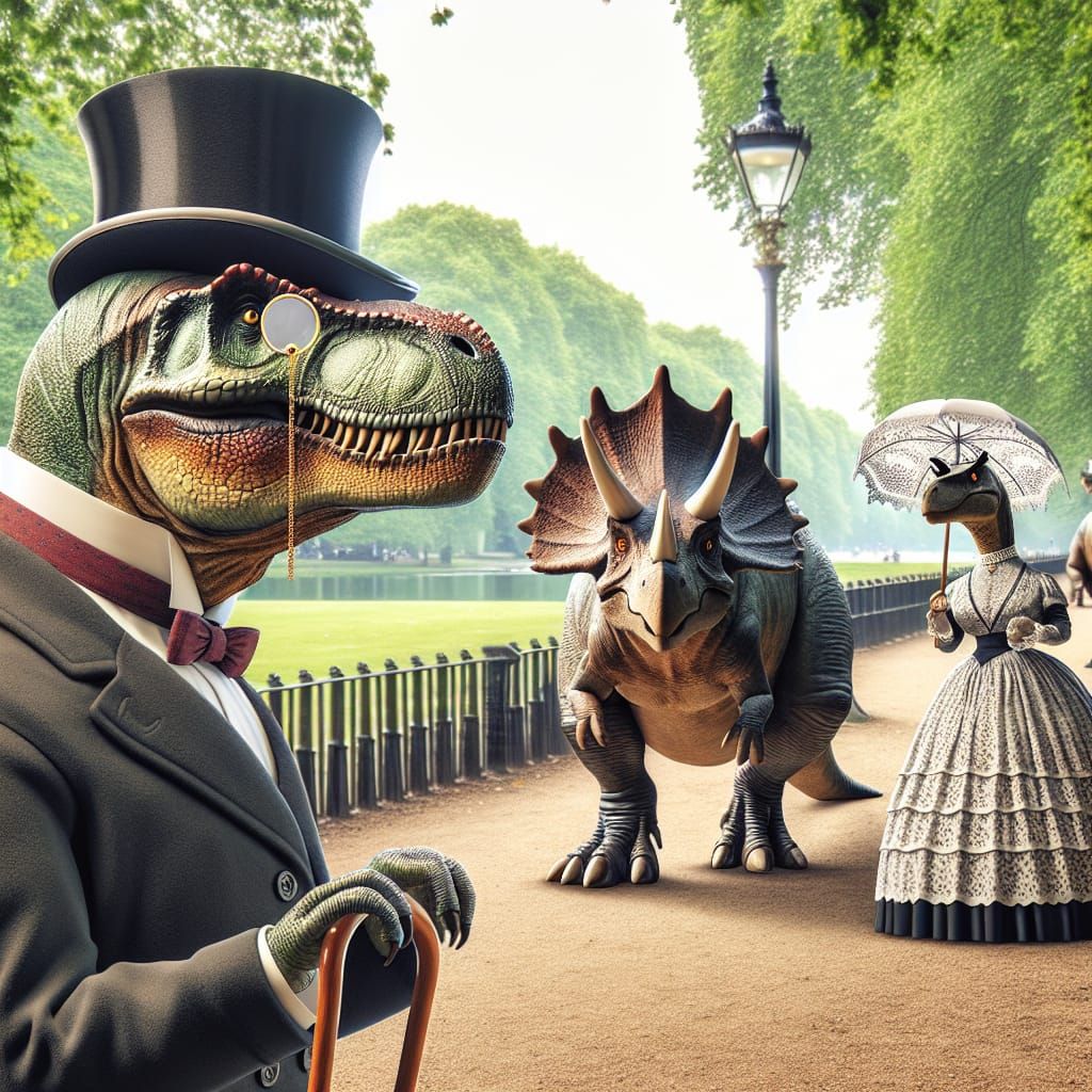 Dinosaurs in Top Hats Stroll through Victorian Park