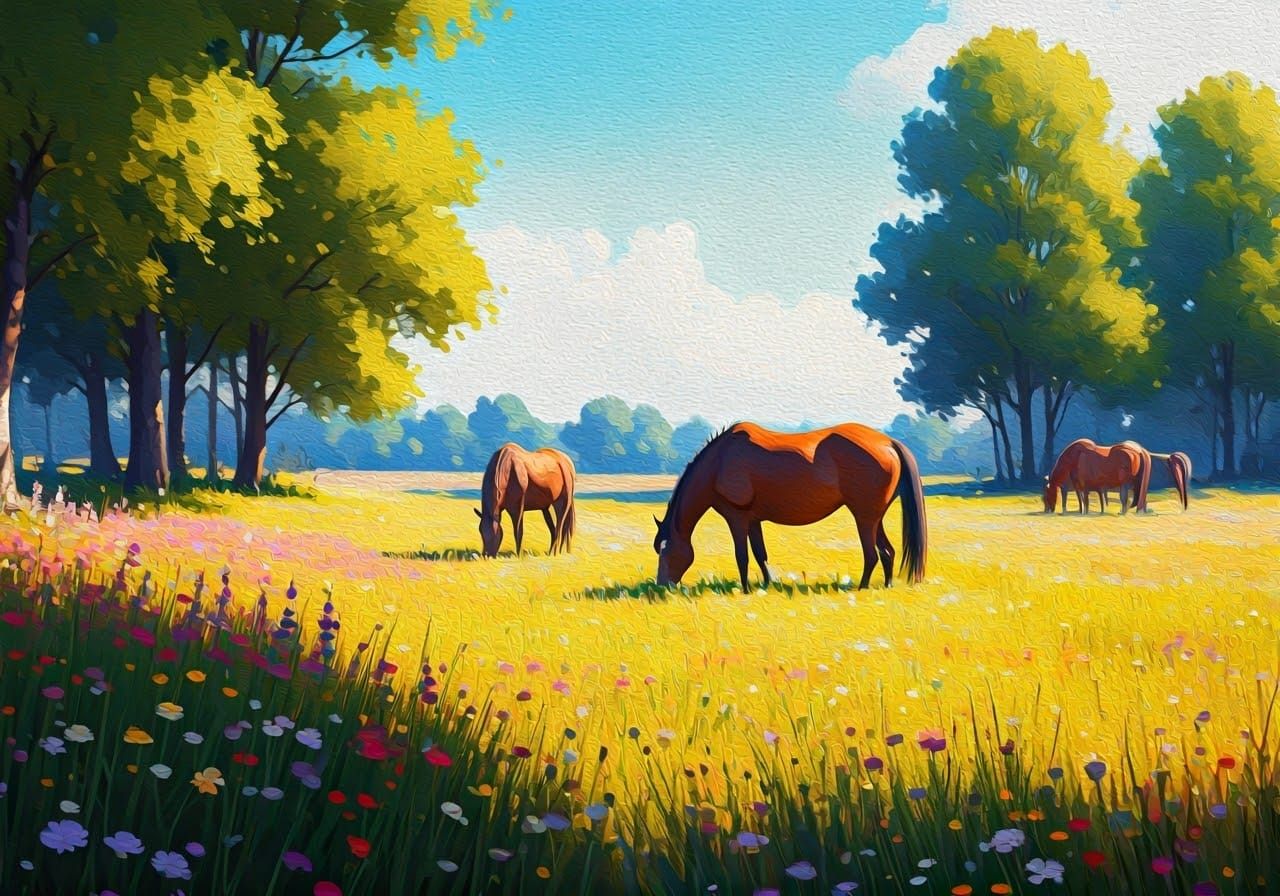 Horses in a Vibrant Impressionist Meadow