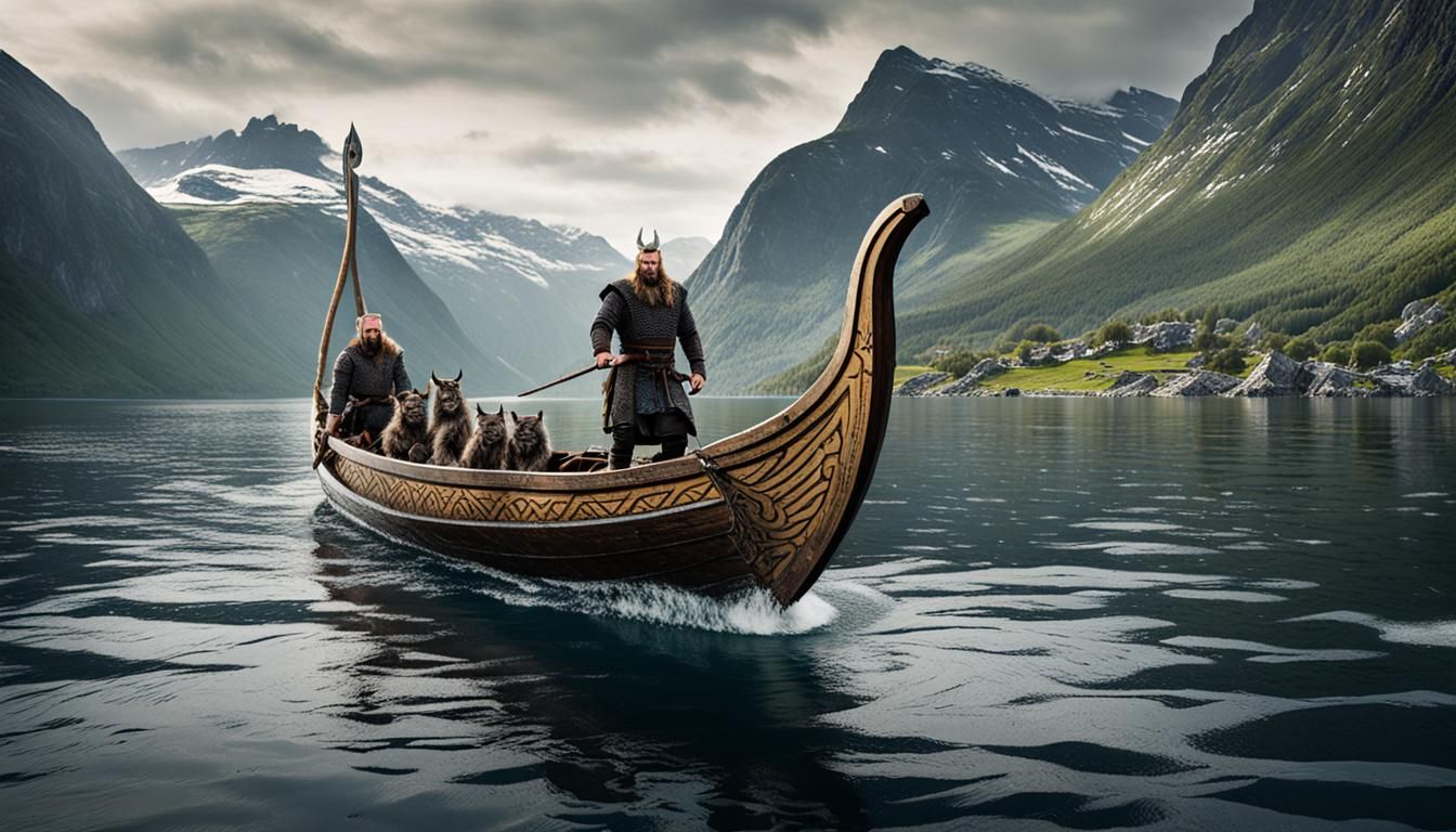 Viking Cats Sail Fierce Long Boat Through Norway Fjords