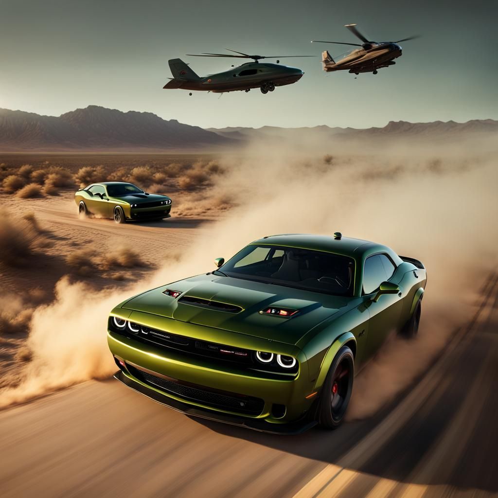 Cyberpunk Dodge Challenger Hellcat in High-Speed Desert Chas...