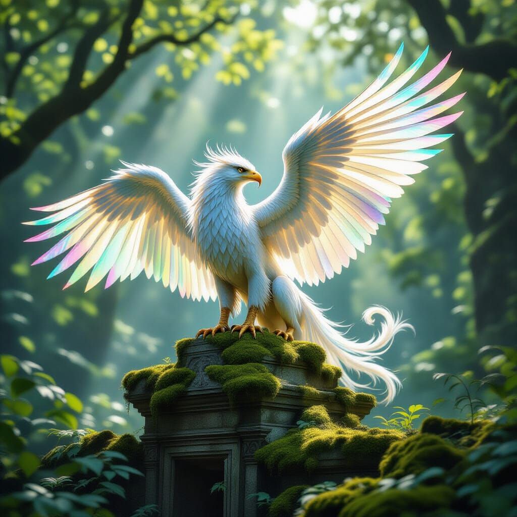 Majestic Griffin with Rainbow Wings on Ancient Ruins