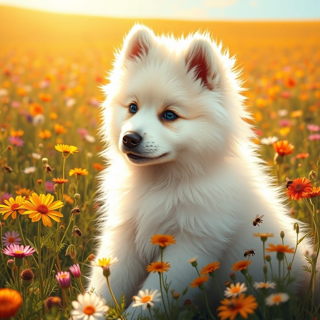 Samoyed Puppy in Wildflower Field, Hyperrealistic Digital Ar...