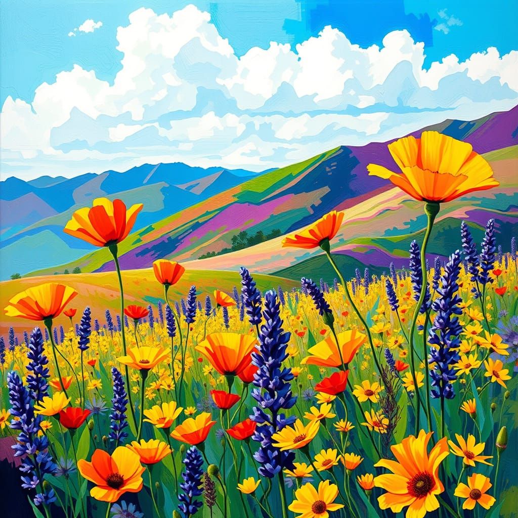 Vibrant California Wildflower Explosion in Street Art Style