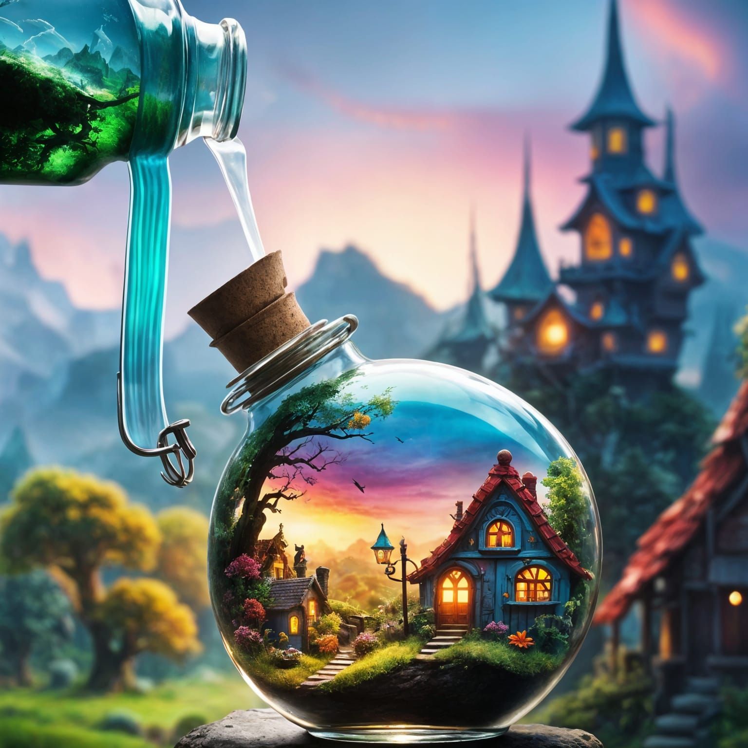 Fantasy Village Inside Glass Bottle: Digital Art