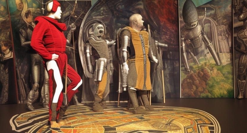 Medieval Robot King Lear in a Dazzling Cyberpunk Stage