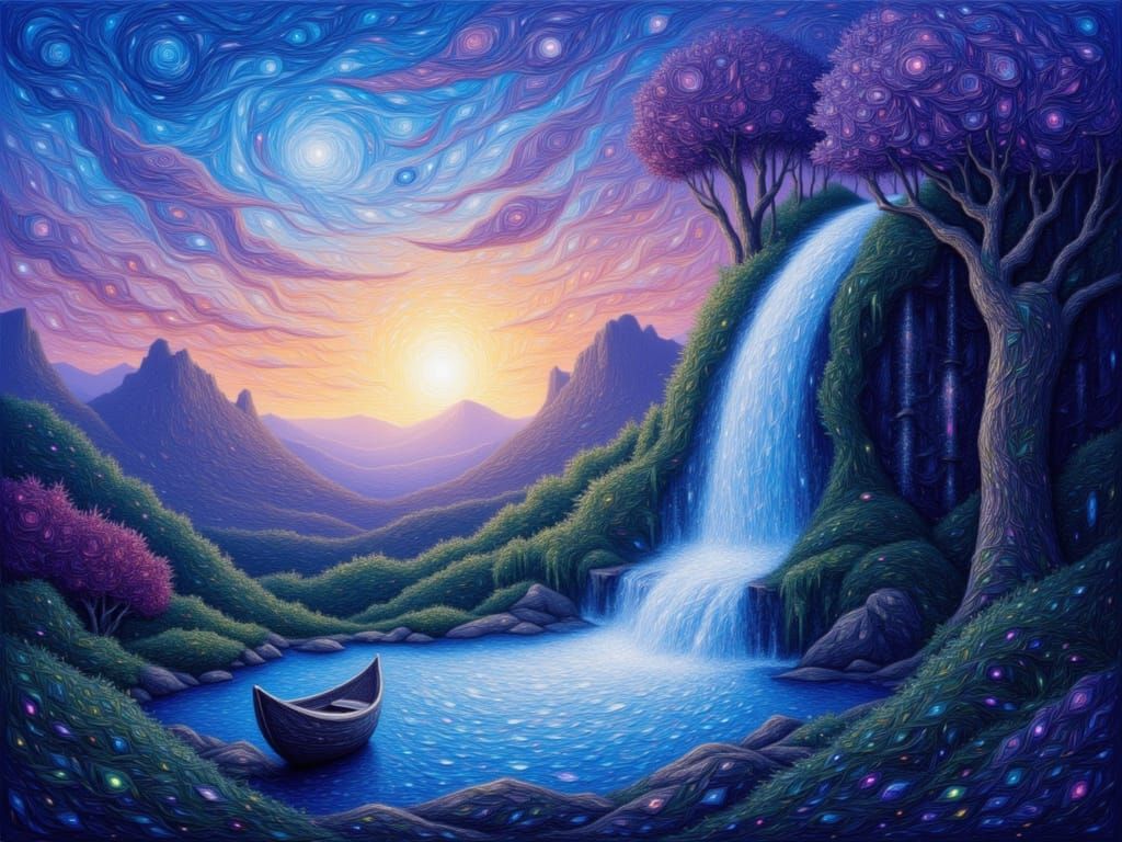 Magical Secret Garden with Waterfall and Floating Boat