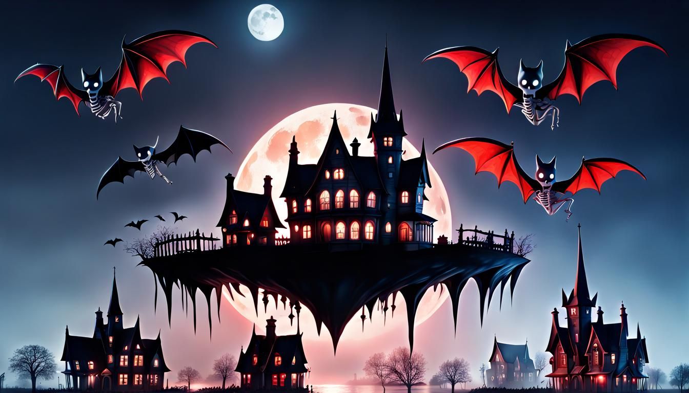 Gothic Ghost Houses Soar on a Flying Globe in a Surreal, Psy...