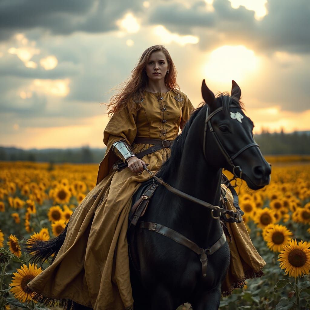 Noblewoman Rides Warhorse Through Sunflower Field