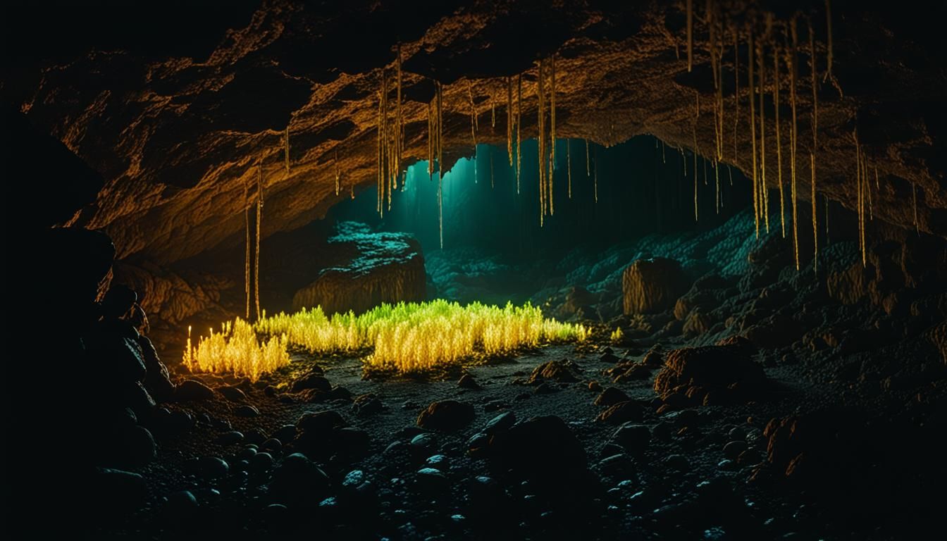 Cinematic Film Still of Glowing Cave Bioluminescence
