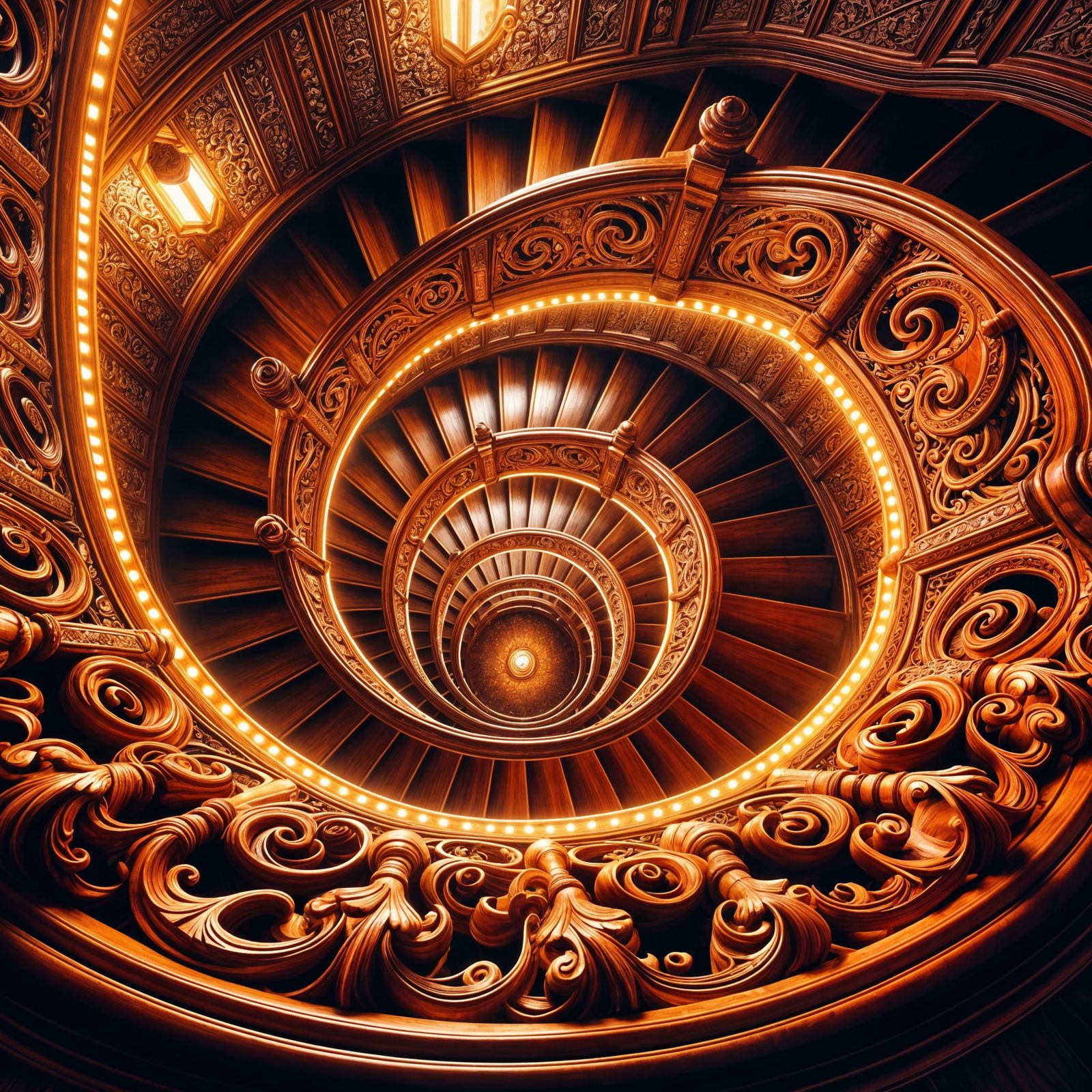 Bird's Eye View of Intricate Mahogany Spiral Staircase