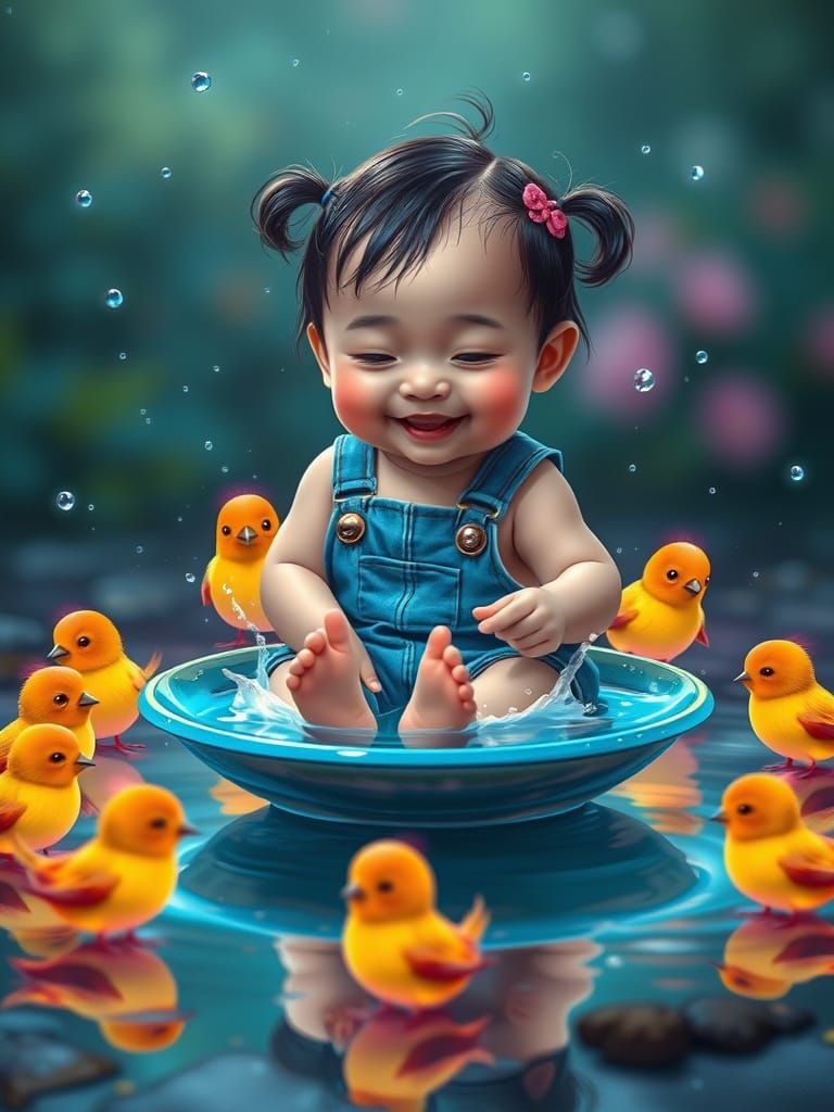 Happy Baby Girl's Birdbath Adventure in Ghibli Style