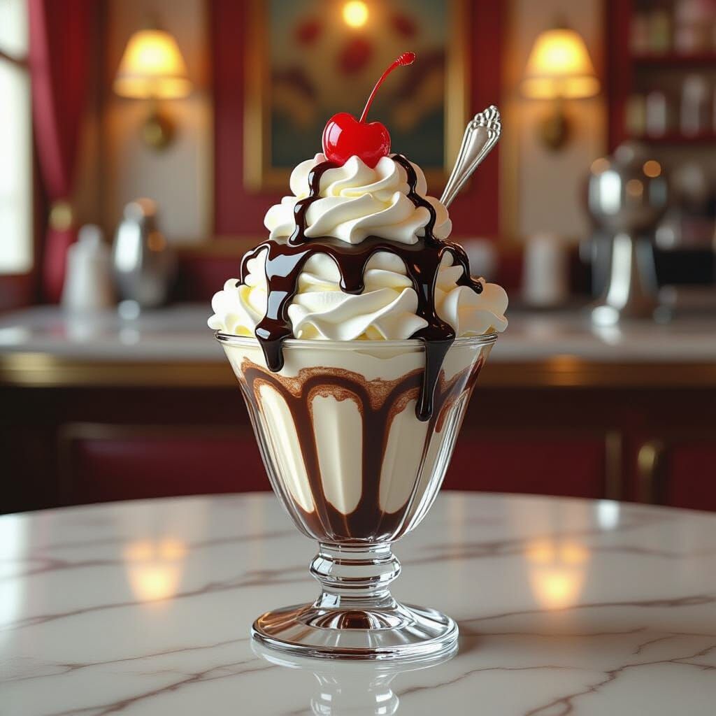 Decadent Ice Cream Sundae in Hyperrealistic Style