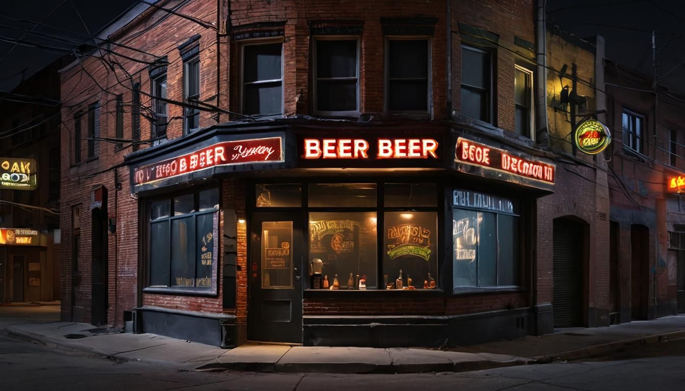 Photo of dark alley, Neon "Beer" sign in window of darkened ...