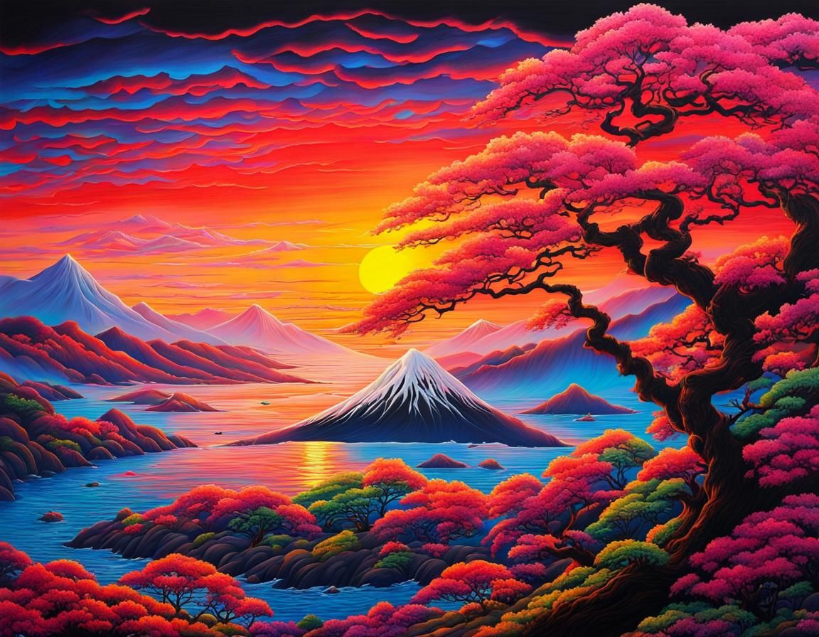 Japanese Sunset Scroll Painting in Vibrant, Dazzling Colors